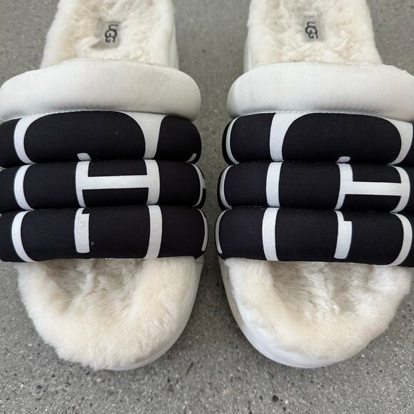 Ugg Maxi Slide Logo Quilted Puff Platform Slipper Sandals Retro White/Black - Picture 6 of 13